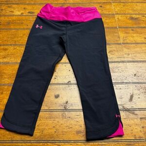 Under Armour Womens HeatGear Compression Capri Leggings Black Pink Small Ruched